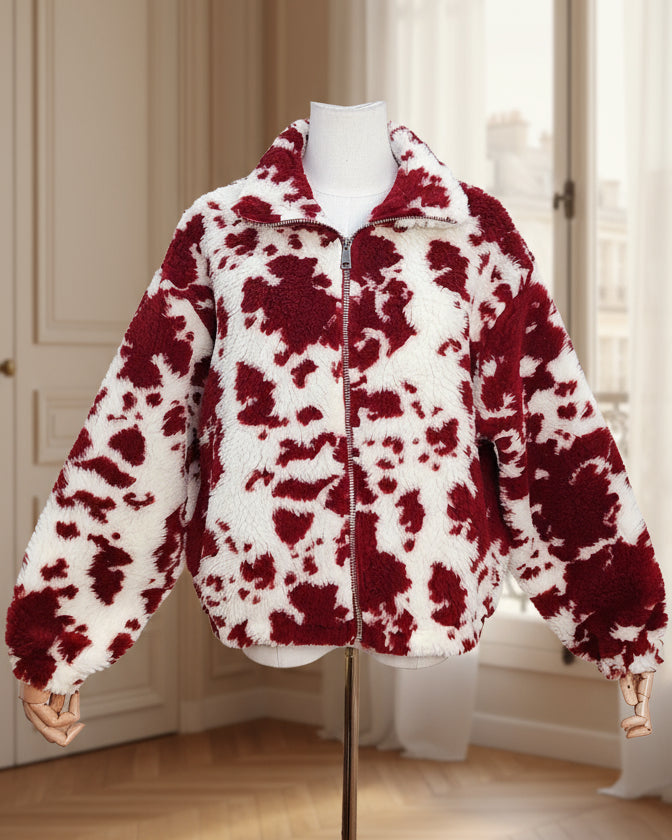 Veste polaire zippée à imprimé vache rouge et blanc – Beautiful Shop