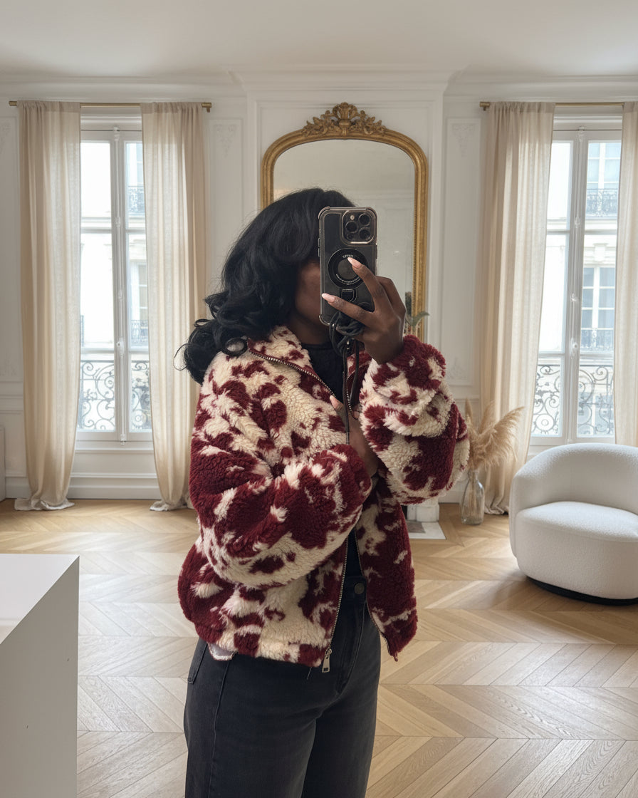 Veste polaire zippée à imprimé vache rouge et blanc – Beautiful Shop