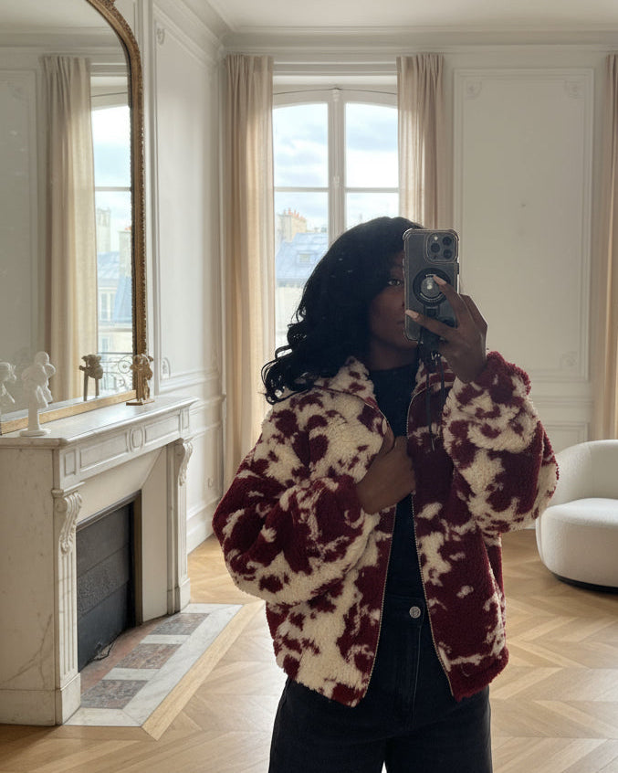 Veste polaire zippée à imprimé vache rouge et blanc – Beautiful Shop