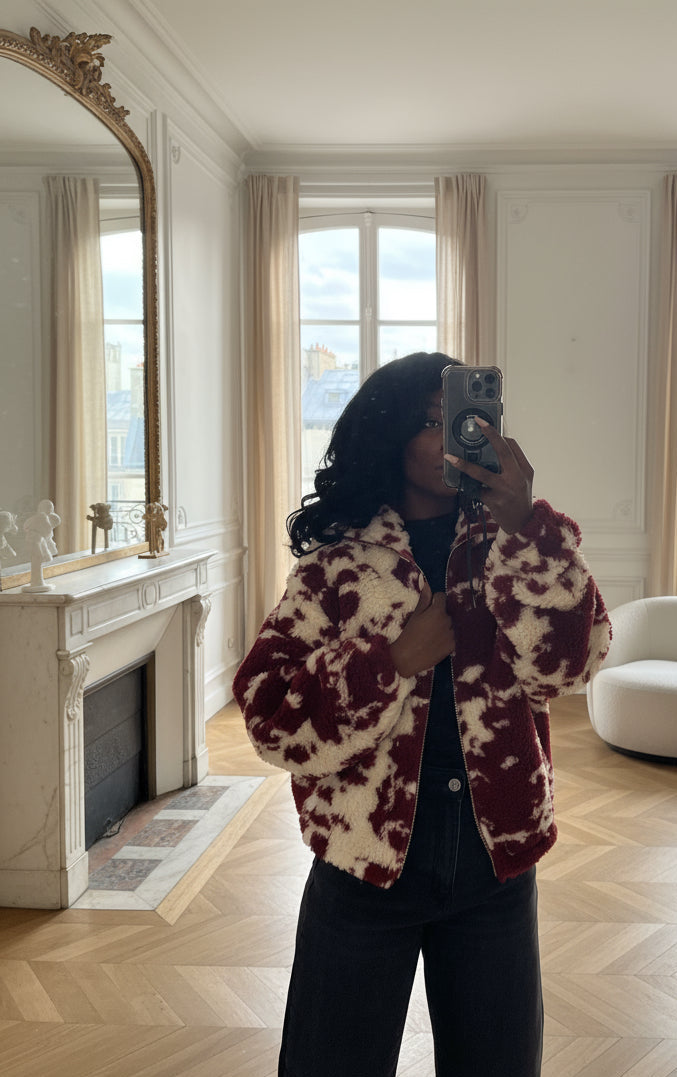 Veste polaire zippée à imprimé vache rouge et blanc – Beautiful Shop
