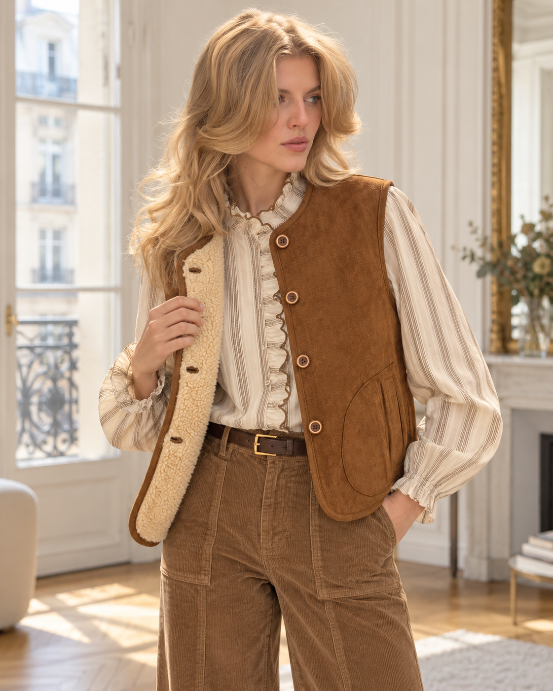 Veste sans manches réversible Suzanne – camel et beige – Beautiful Shop
