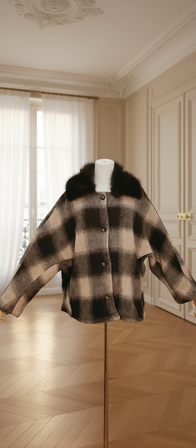 veste carreaux laine femme, veste fausse fourrure hiver, veste chic automne femme, manteau laine à carreaux, veste oversize italienne, veste femme col fourrure synthétique