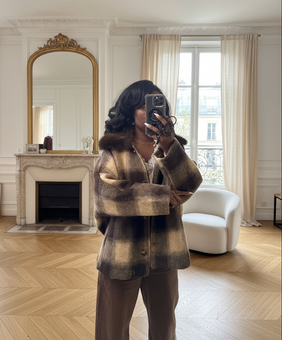 veste carreaux laine femme, veste fausse fourrure hiver, veste chic automne femme, manteau laine à carreaux, veste oversize italienne, veste femme col fourrure synthétique