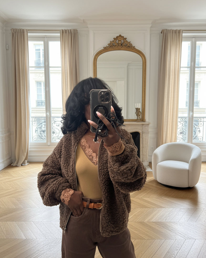 veste fausse fourrure femme chocolat, veste teddy zippée hiver, veste chaude casual automne hiver, manteau fausse fourrure marron, veste cosy à zip