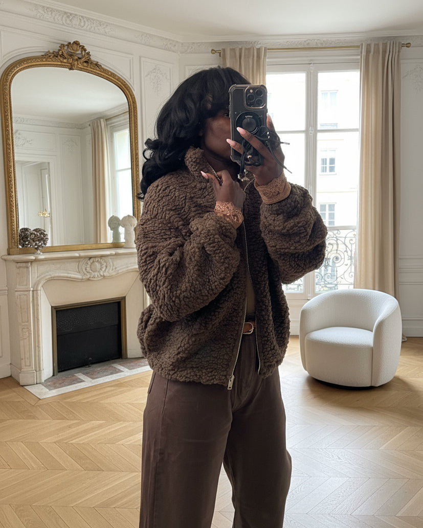 veste fausse fourrure femme chocolat, veste teddy zippée hiver, veste chaude casual automne hiver, manteau fausse fourrure marron, veste cosy à zip