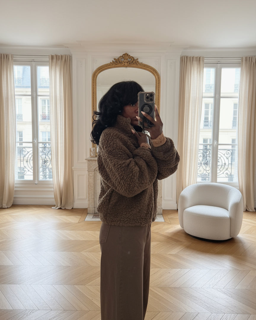 veste fausse fourrure femme chocolat, veste teddy zippée hiver, veste chaude casual automne hiver, manteau fausse fourrure marron, veste cosy à zip