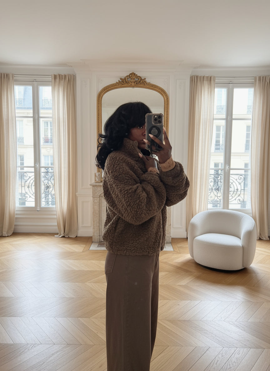 veste fausse fourrure femme chocolat, veste teddy zippée hiver, veste chaude casual automne hiver, manteau fausse fourrure marron, veste cosy à zip