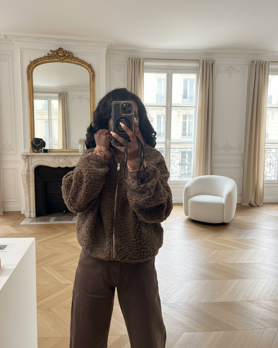 veste fausse fourrure femme chocolat, veste teddy zippée hiver, veste chaude casual automne hiver, manteau fausse fourrure marron, veste cosy à zip