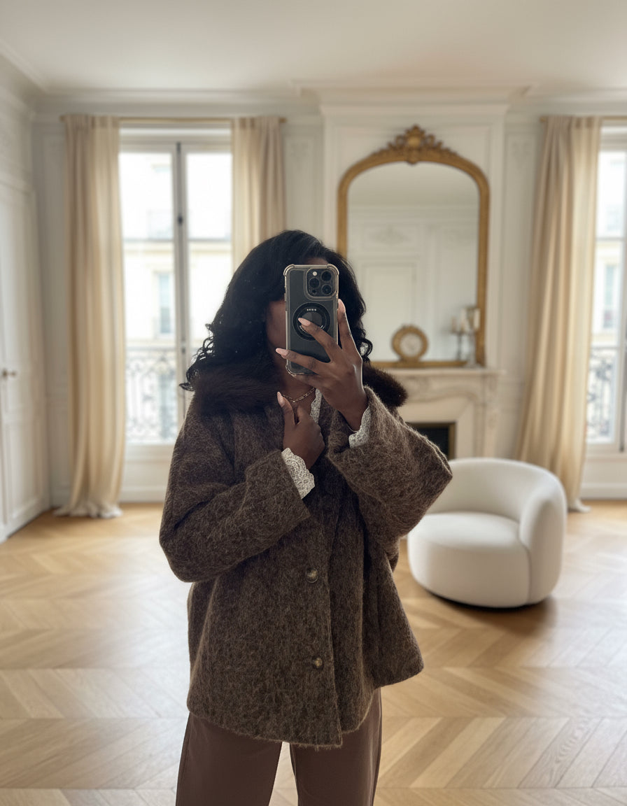 veste marron femme hiver, veste fausse fourrure col, veste chaude automne hiver, manteau court italien, veste effet laine, veste chic femme oversize