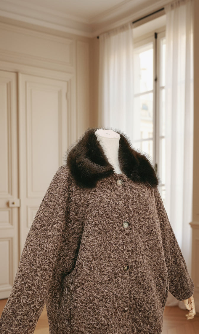 veste marron femme hiver, veste fausse fourrure col, veste chaude automne hiver, manteau court italien, veste effet laine, veste chic femme oversize