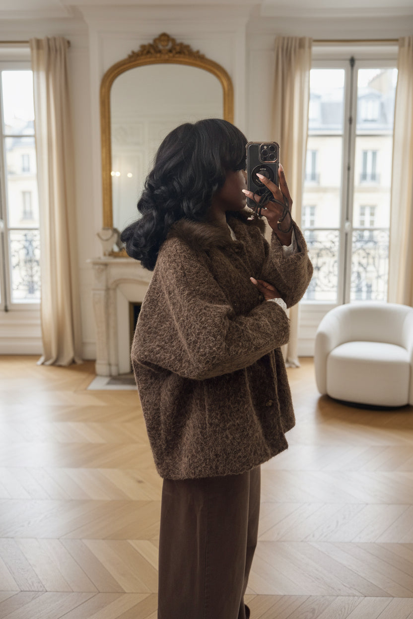 veste marron femme hiver, veste fausse fourrure col, veste chaude automne hiver, manteau court italien, veste effet laine, veste chic femme oversize