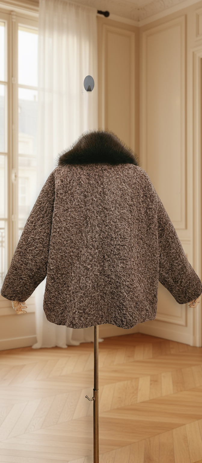 veste marron femme hiver, veste fausse fourrure col, veste chaude automne hiver, manteau court italien, veste effet laine, veste chic femme oversize