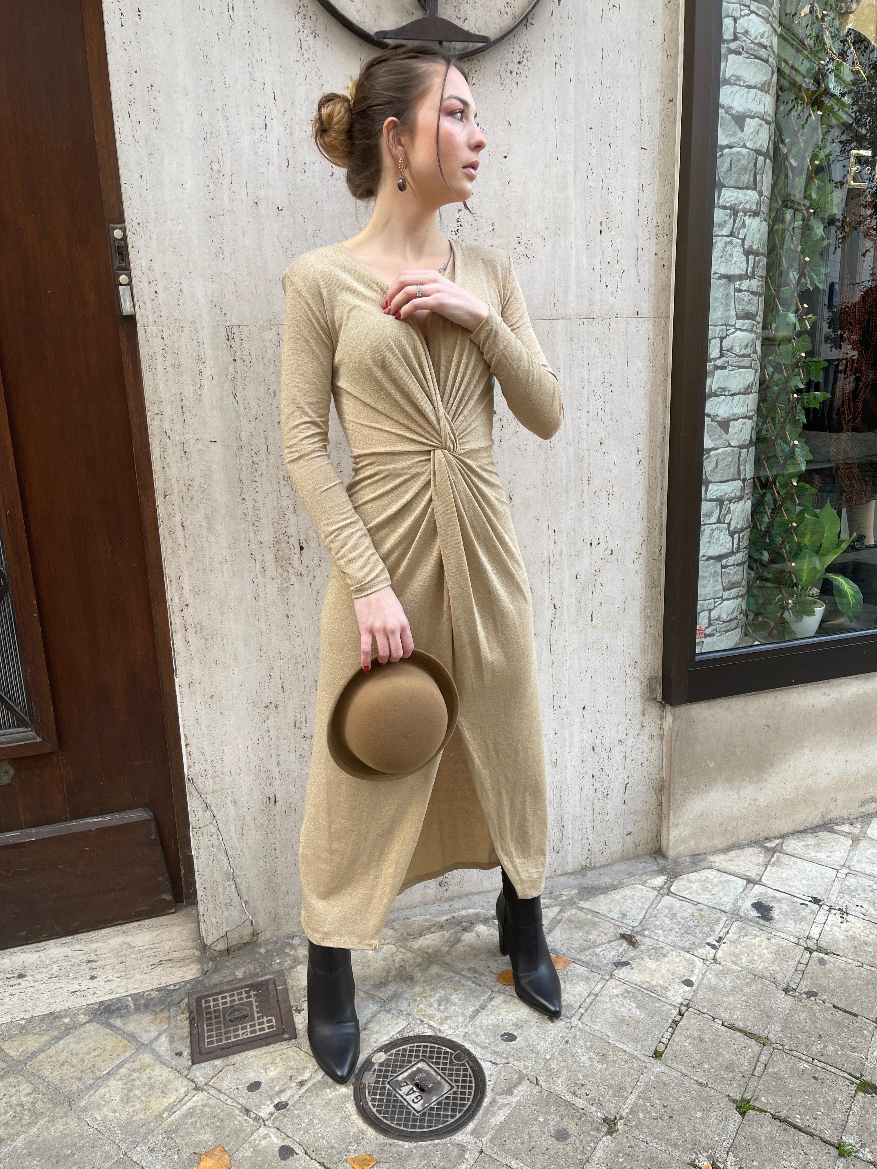 Robe Encolure En V beige - beautifulshop