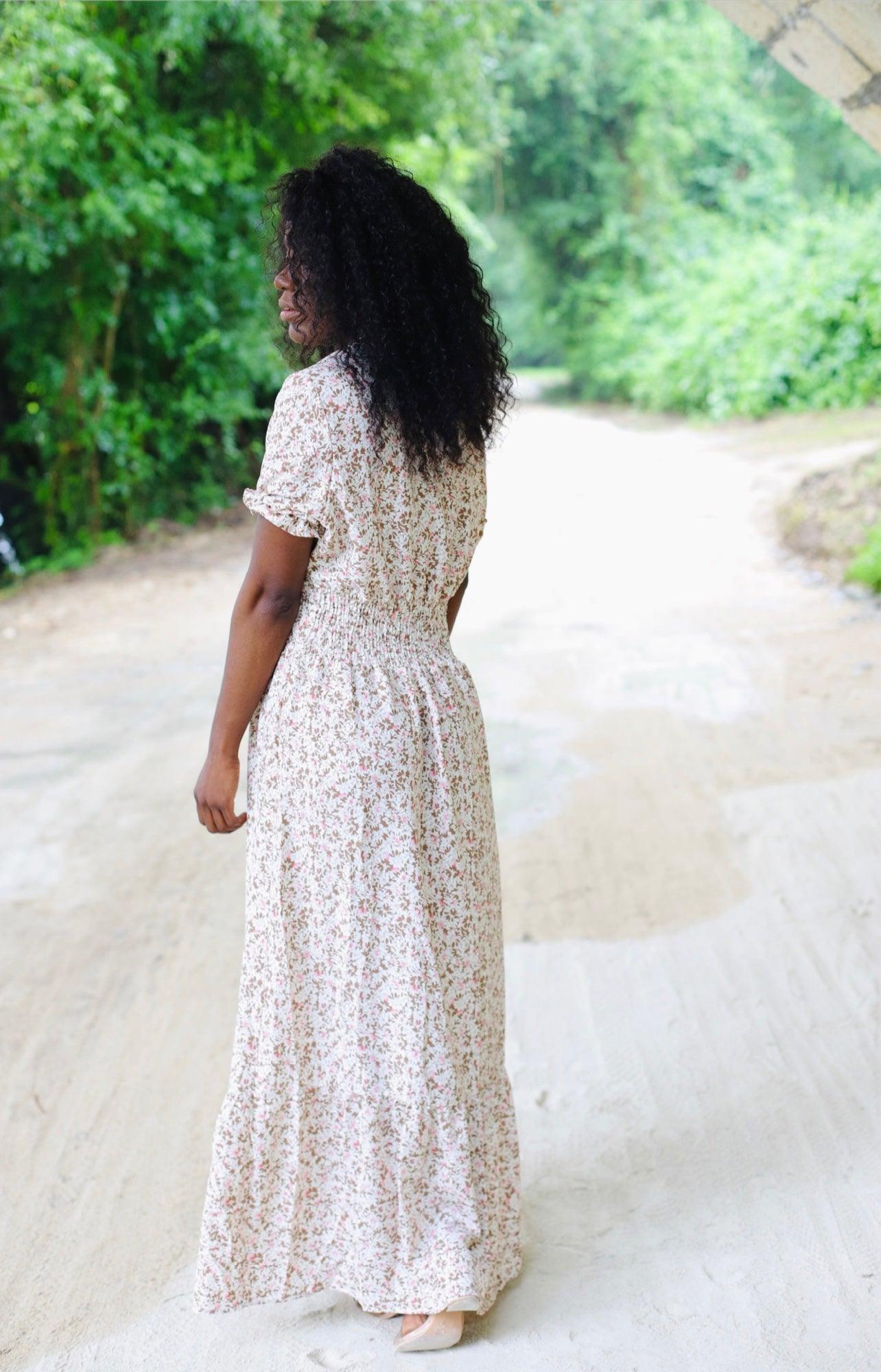 Robe longue imprimée col v - beautifulshop