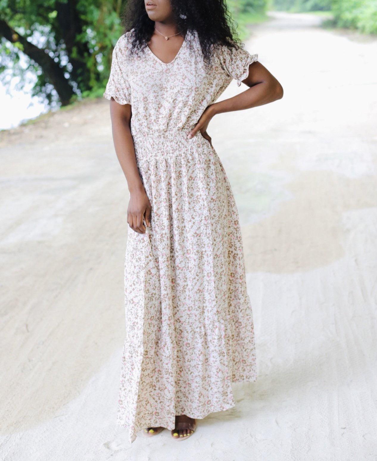 Robe longue imprimée col v - beautifulshop