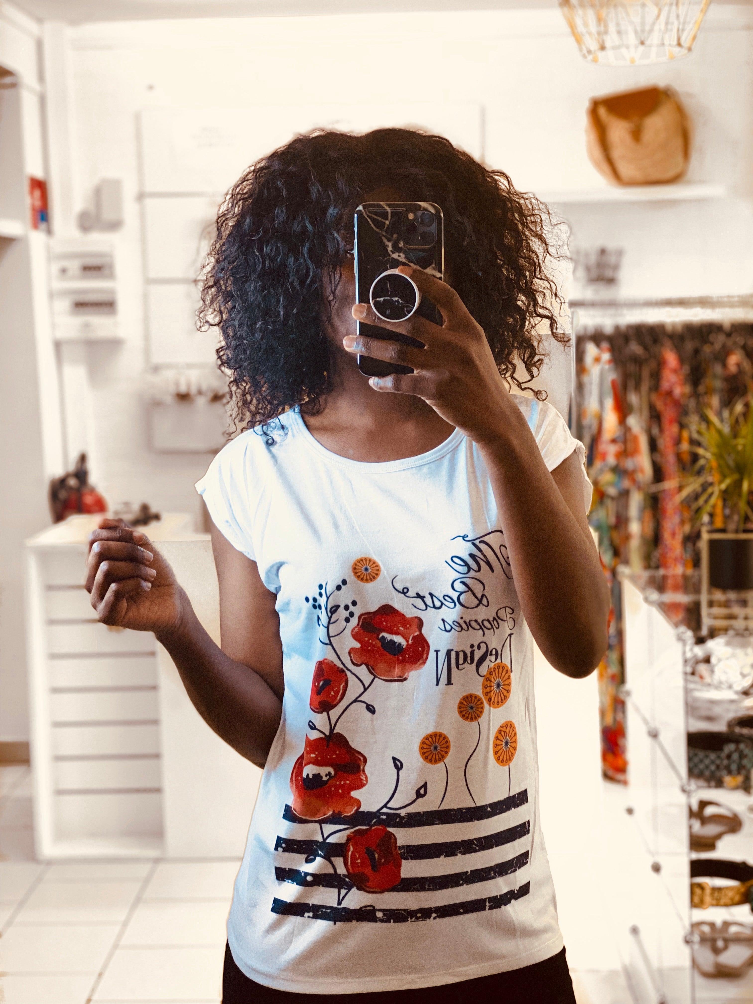 T-shirt imprimée fleur rouge et orange - beautifulshop