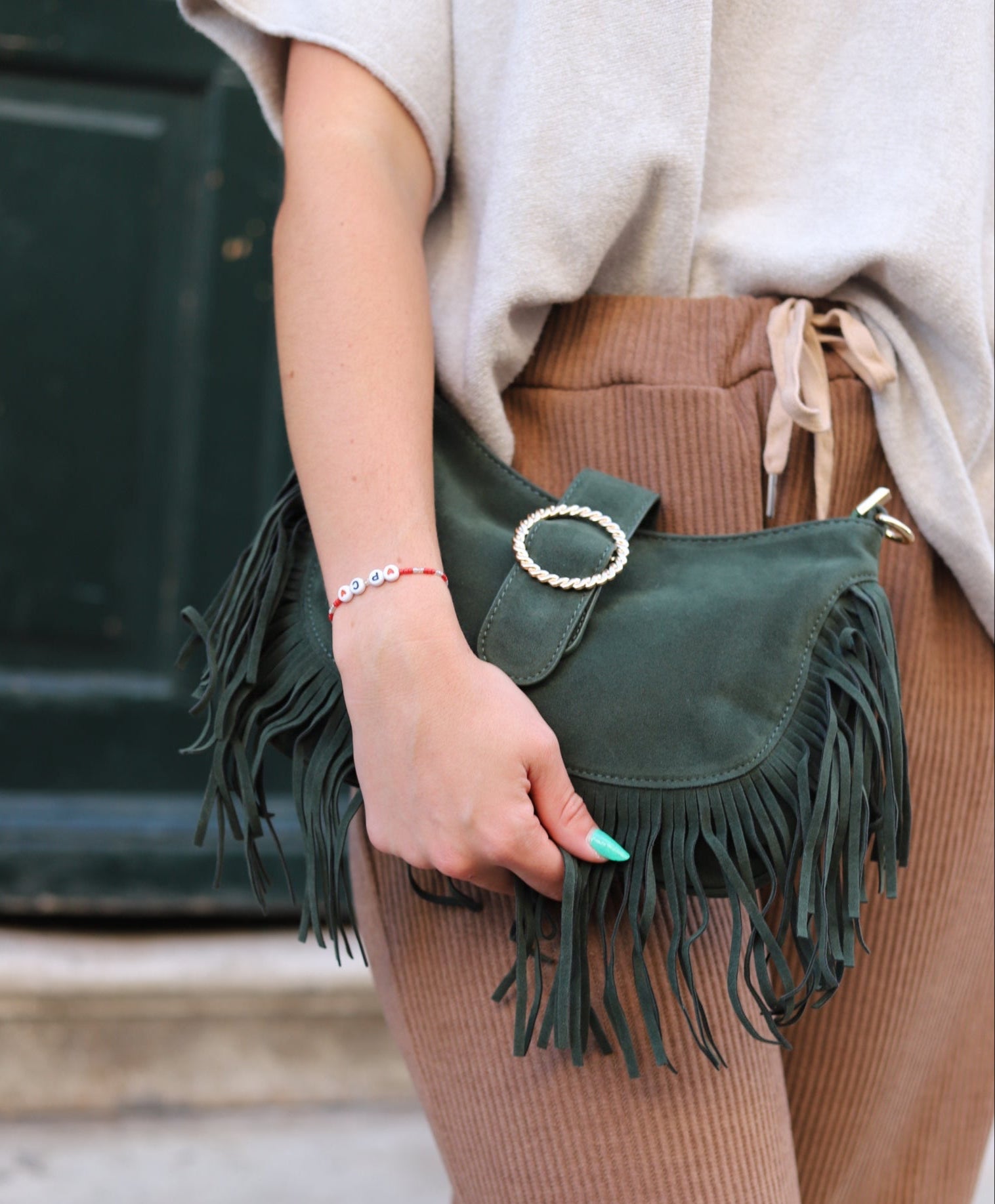 Sac à bandoulière frangé kaki – Esprit bohème chic-beautifulshop-boutique- Angoulême 