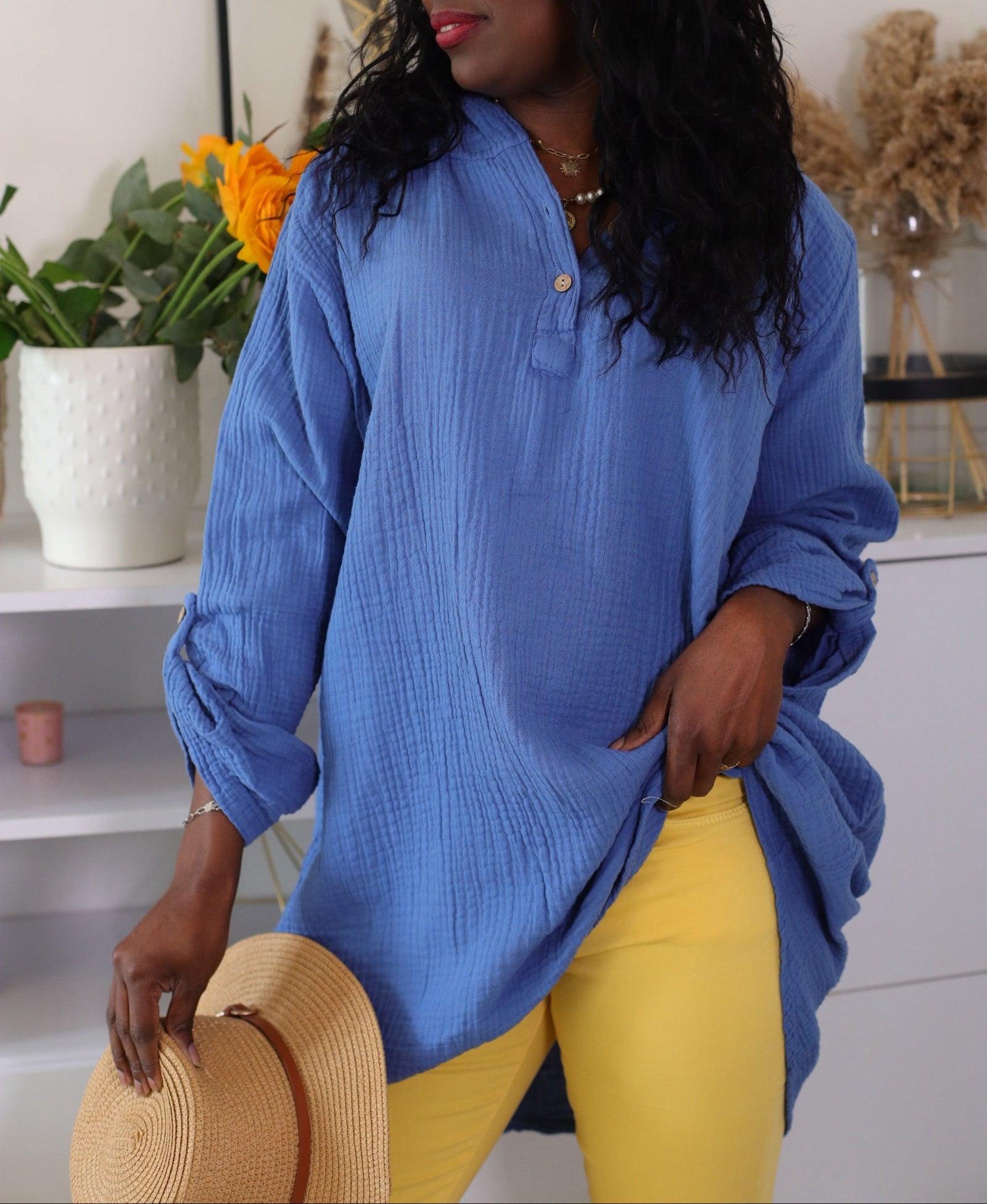 Blouse Oversize en Gaze de Coton Bleu - beautifulshop - vêtements femmes sur Angoulême 