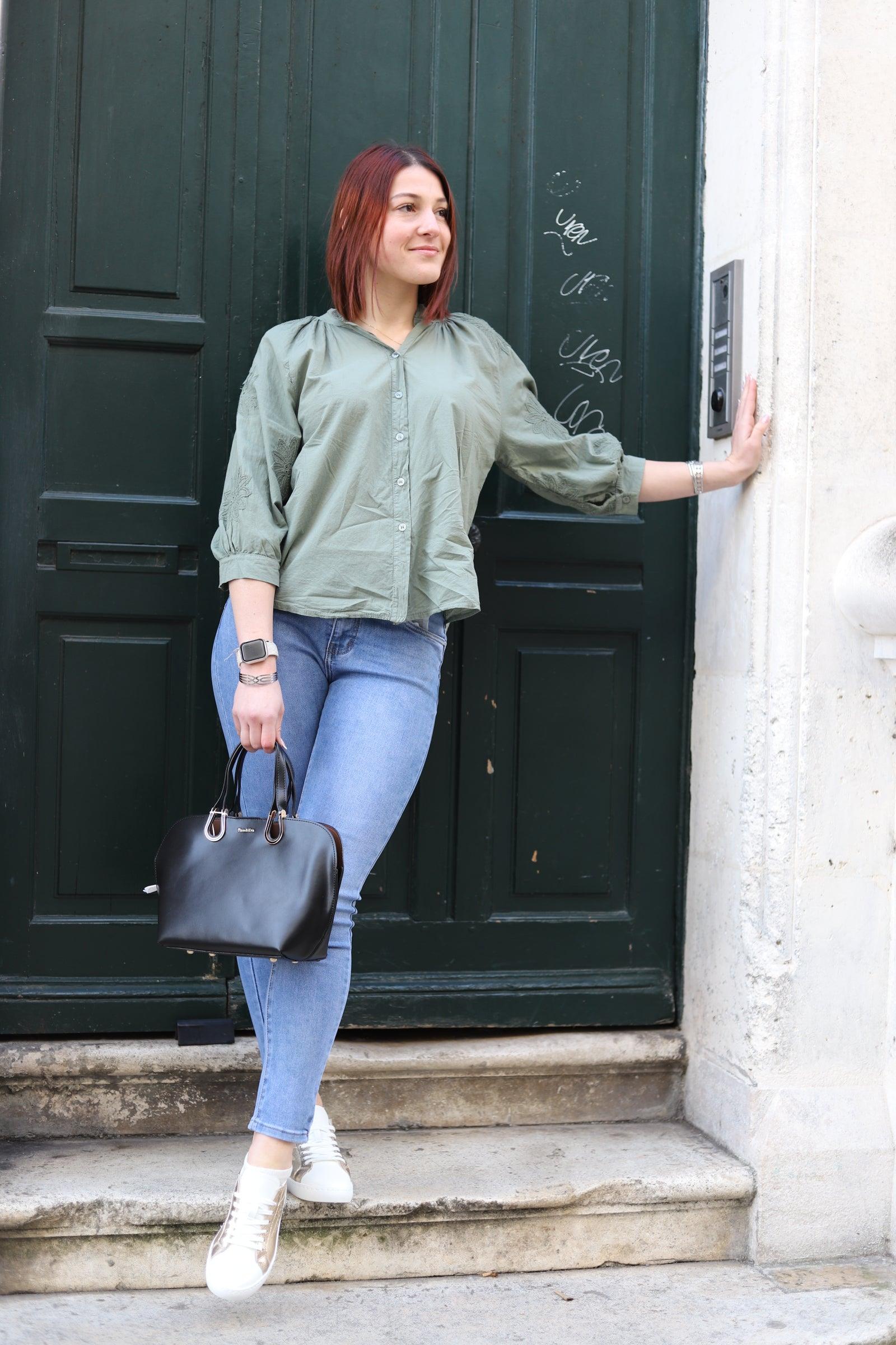 Chemise Bohème Brodée en Coton kaki - beautifulshop - magasin femme en Poitou Charente 