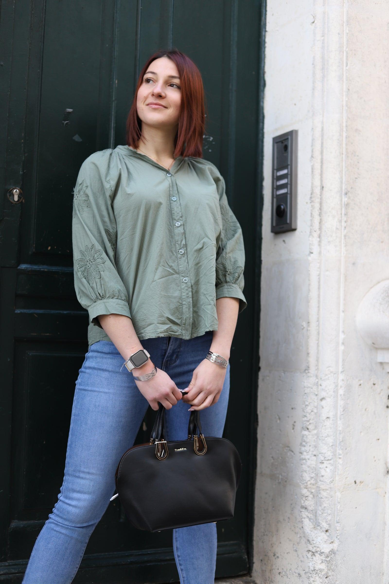 Chemise Bohème Brodée en Coton kaki - beautifulshop - magasin femme en Poitou Charente 