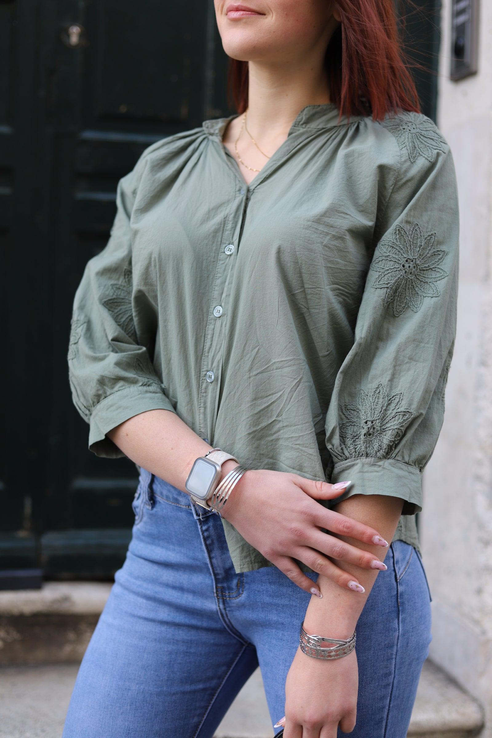 Chemise Bohème Brodée en Coton kaki - beautifulshop - magasin femme en Poitou Charente 