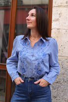 Chemise à carreaux brodée en coton – Bleu et blanc – Style bohème chic