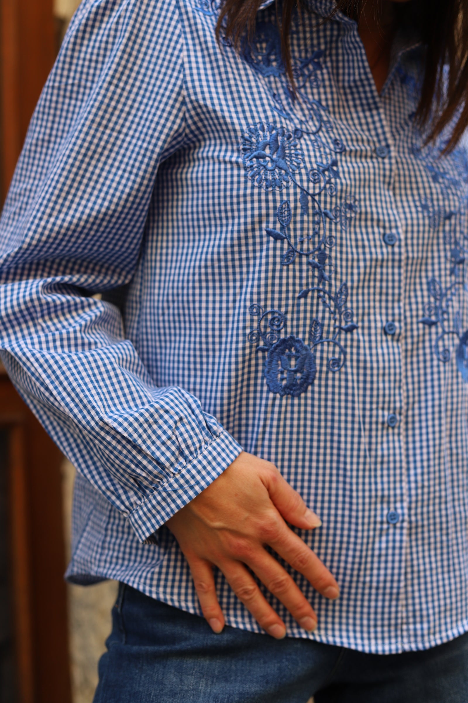 Chemise à carreaux brodée en coton – Bleu et blanc – Style bohème chic
