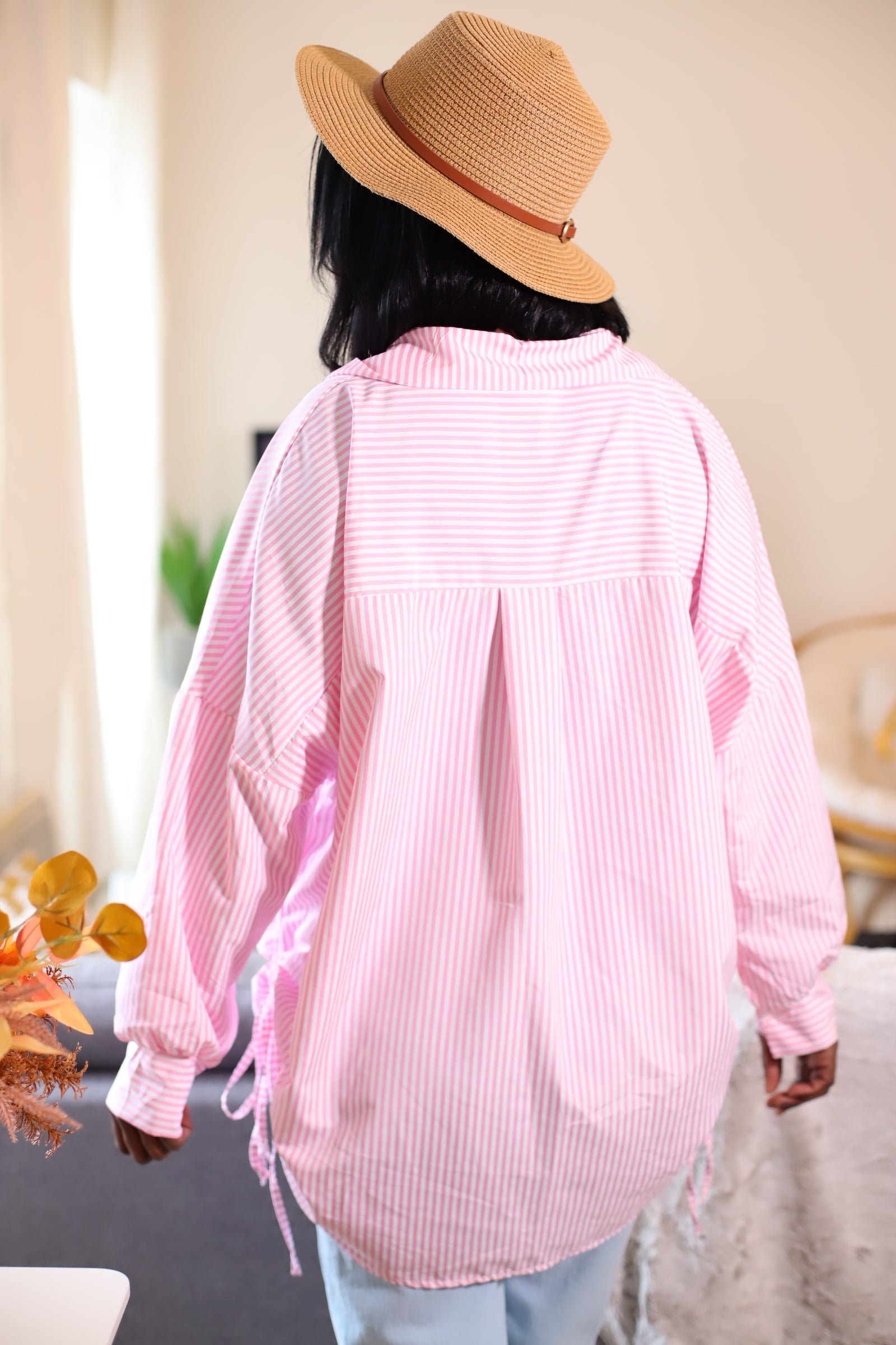 chemise rayée rose femme, chemise oversize femme, chemise à lacets côtés, chemise coton stretch, chemise made in italy, chemise rose et blanc, chemise ample chic