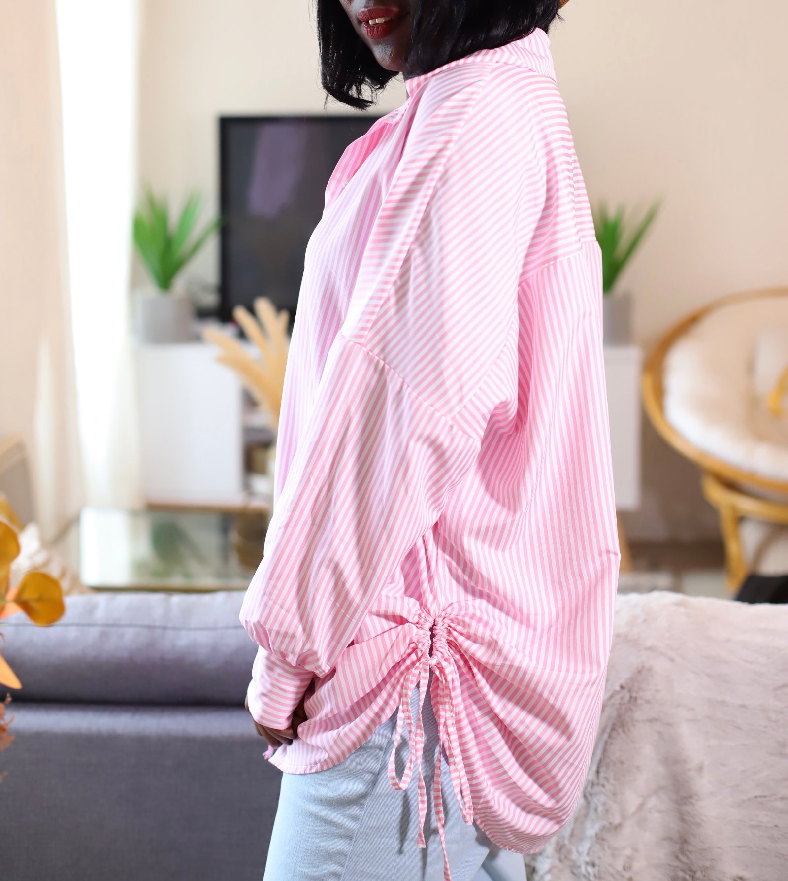 chemise rayée rose femme, chemise oversize femme, chemise à lacets côtés, chemise coton stretch, chemise made in italy, chemise rose et blanc, chemise ample chic