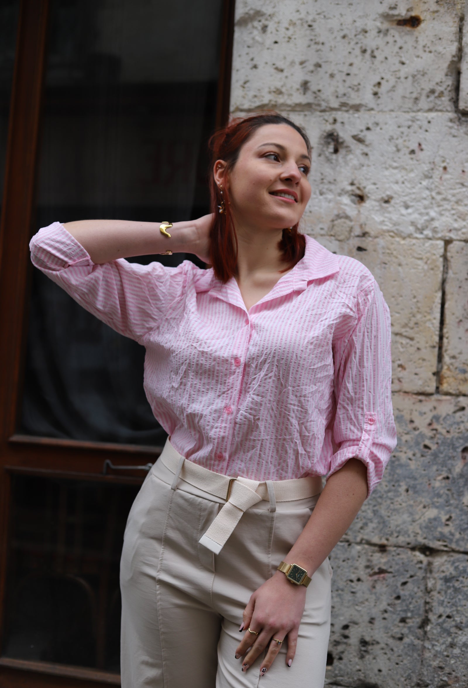 Chemise à rayures gaufrée rose