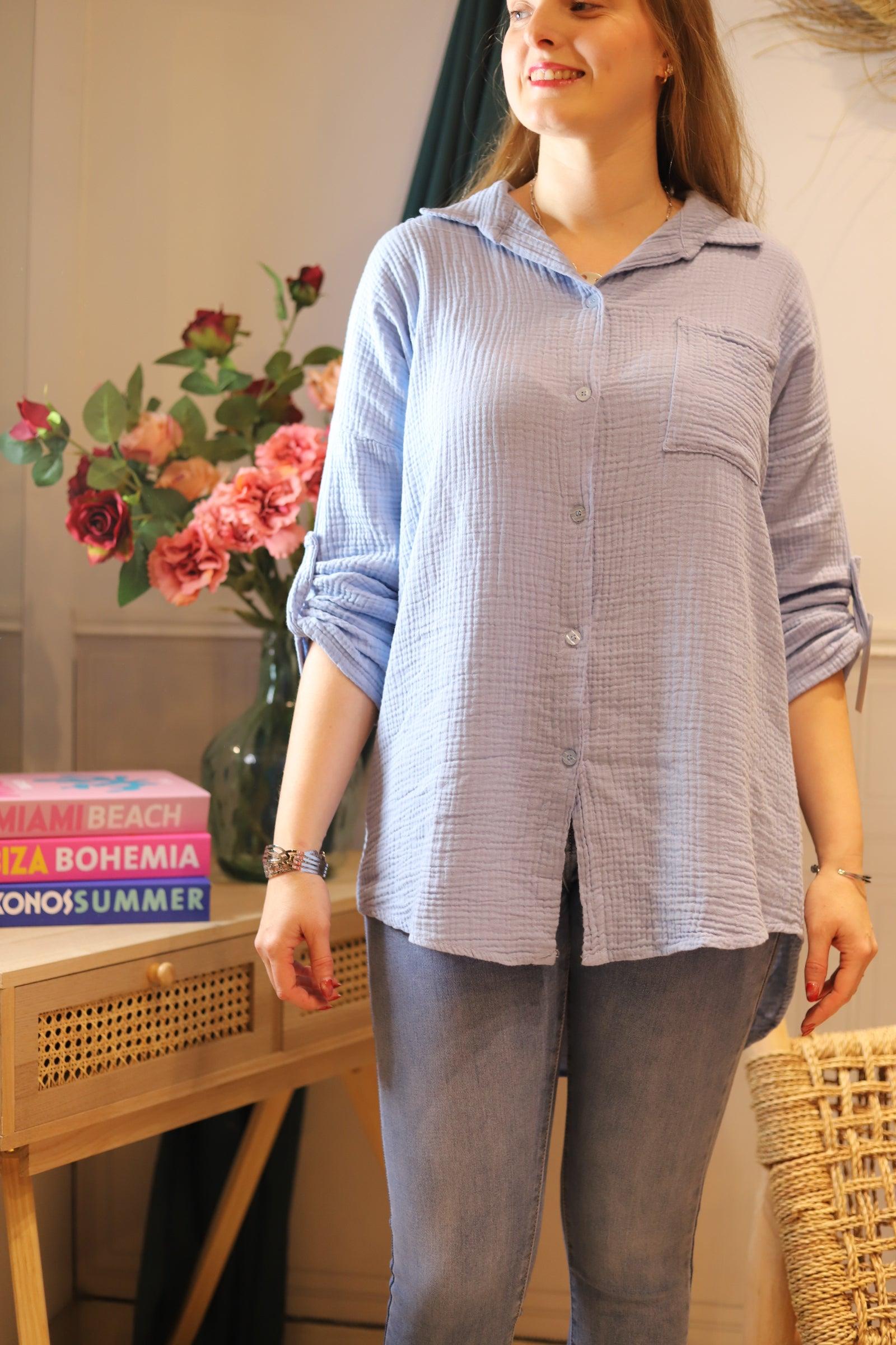 Chemisier en Gaze de Coton bleu ciel - beautifulshop - boutique de mode femme en Poitou Charente 
