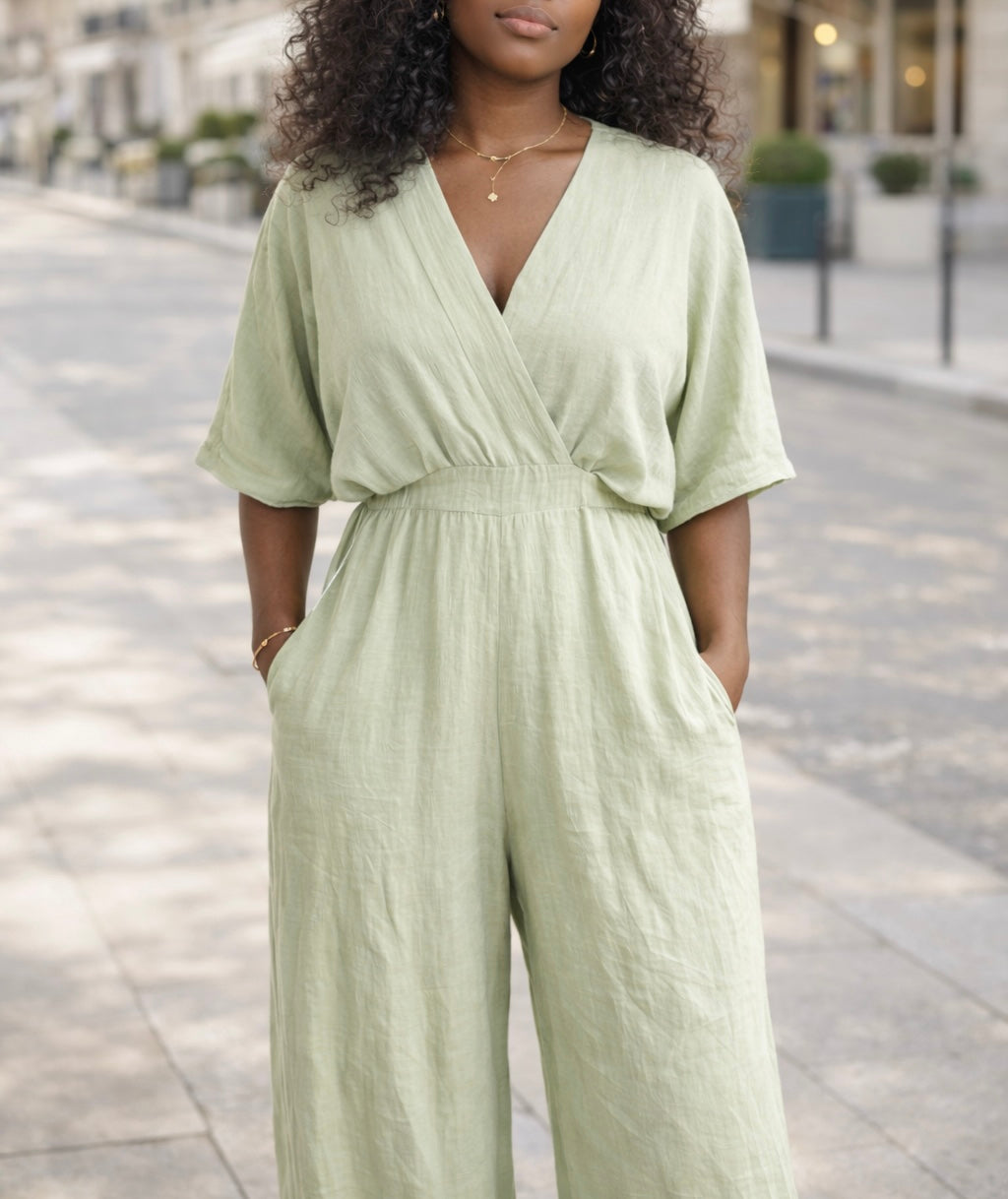     Combinaison fluide kaki femme cache-cœur