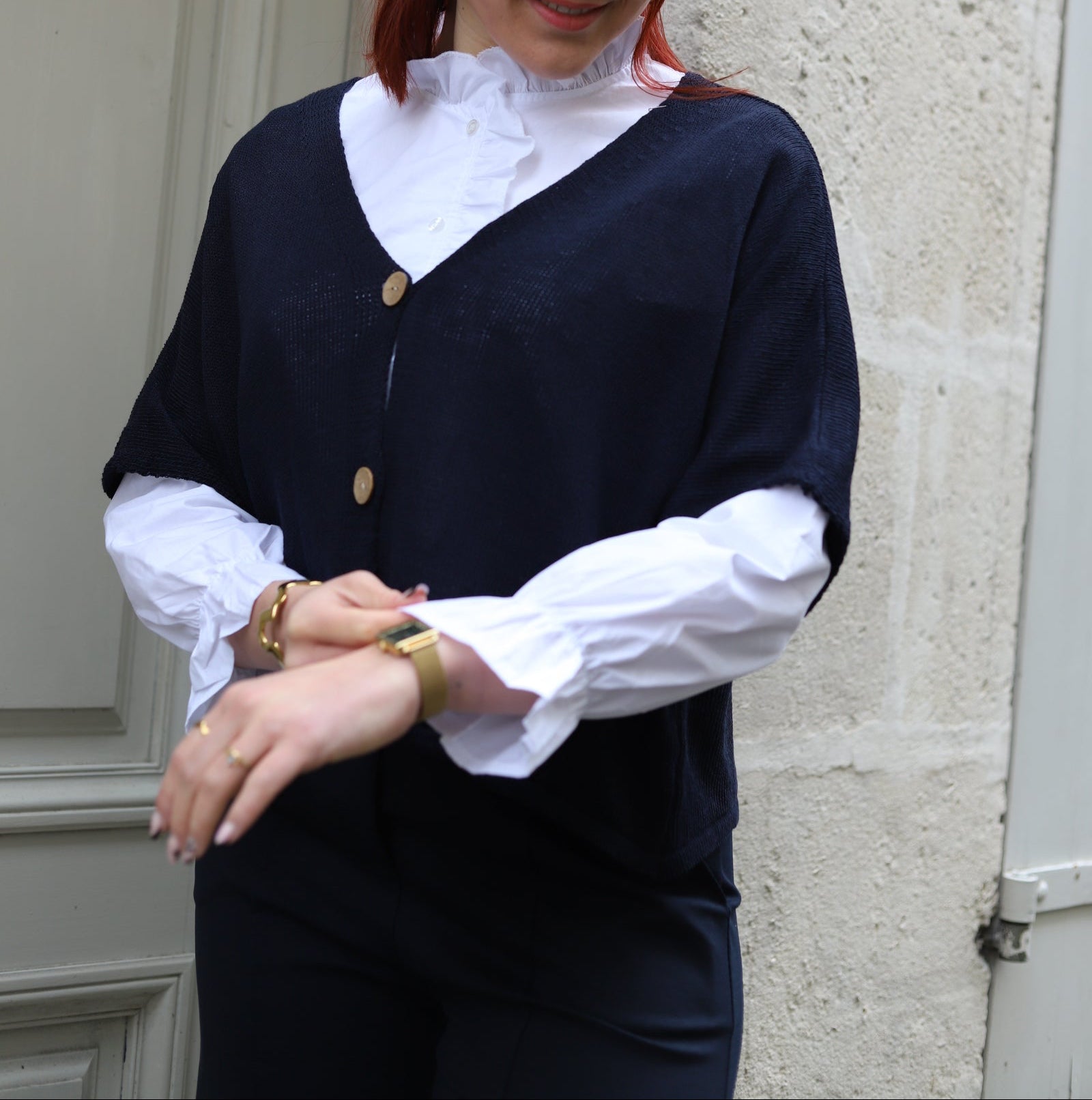 Gilet Kimono bleu marine en Maille Coton