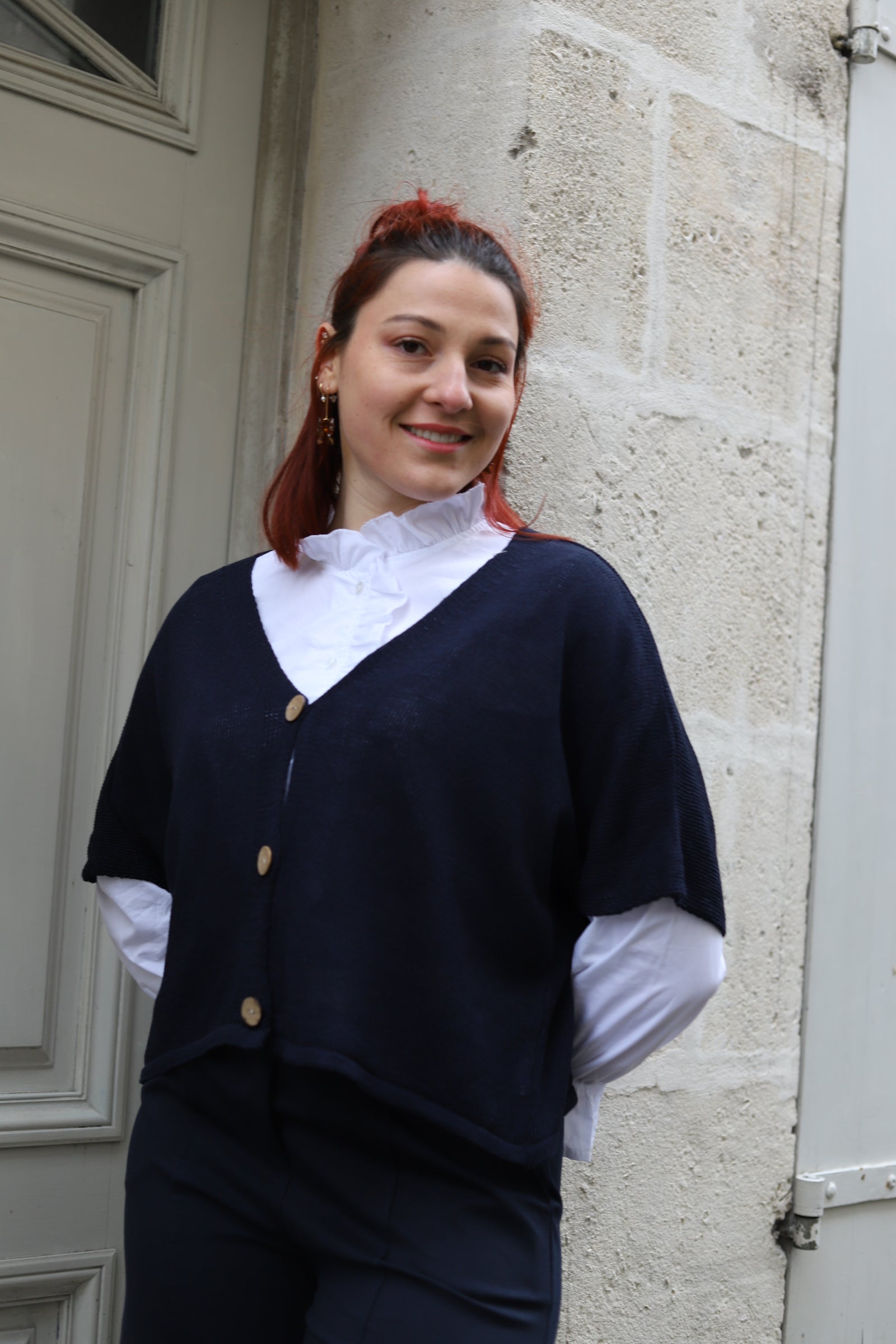 Gilet Kimono bleu marine en Maille Coton