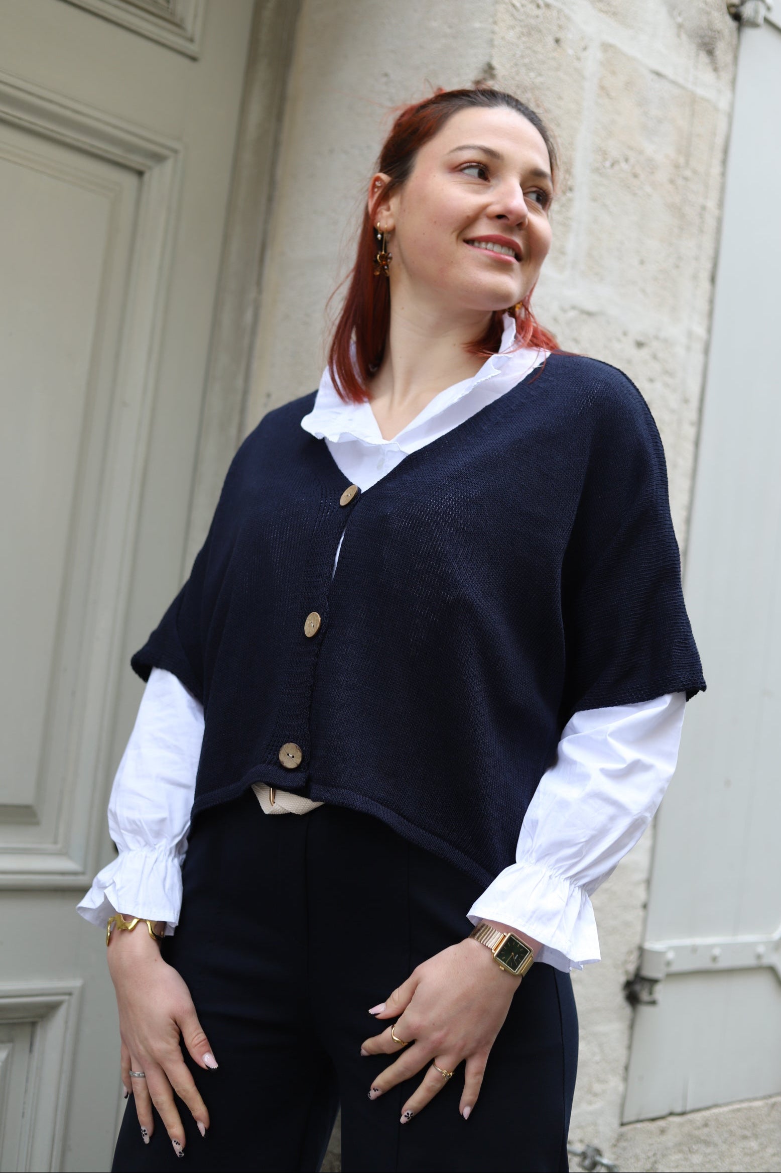 Gilet Kimono bleu marine en Maille Coton