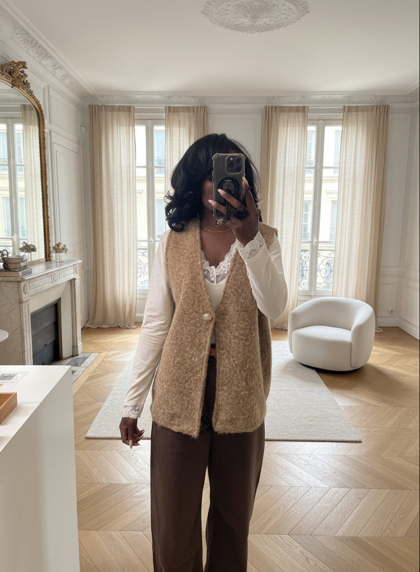 Gilet Sans Manches Texturé Camel | Élégance Casual & Confort