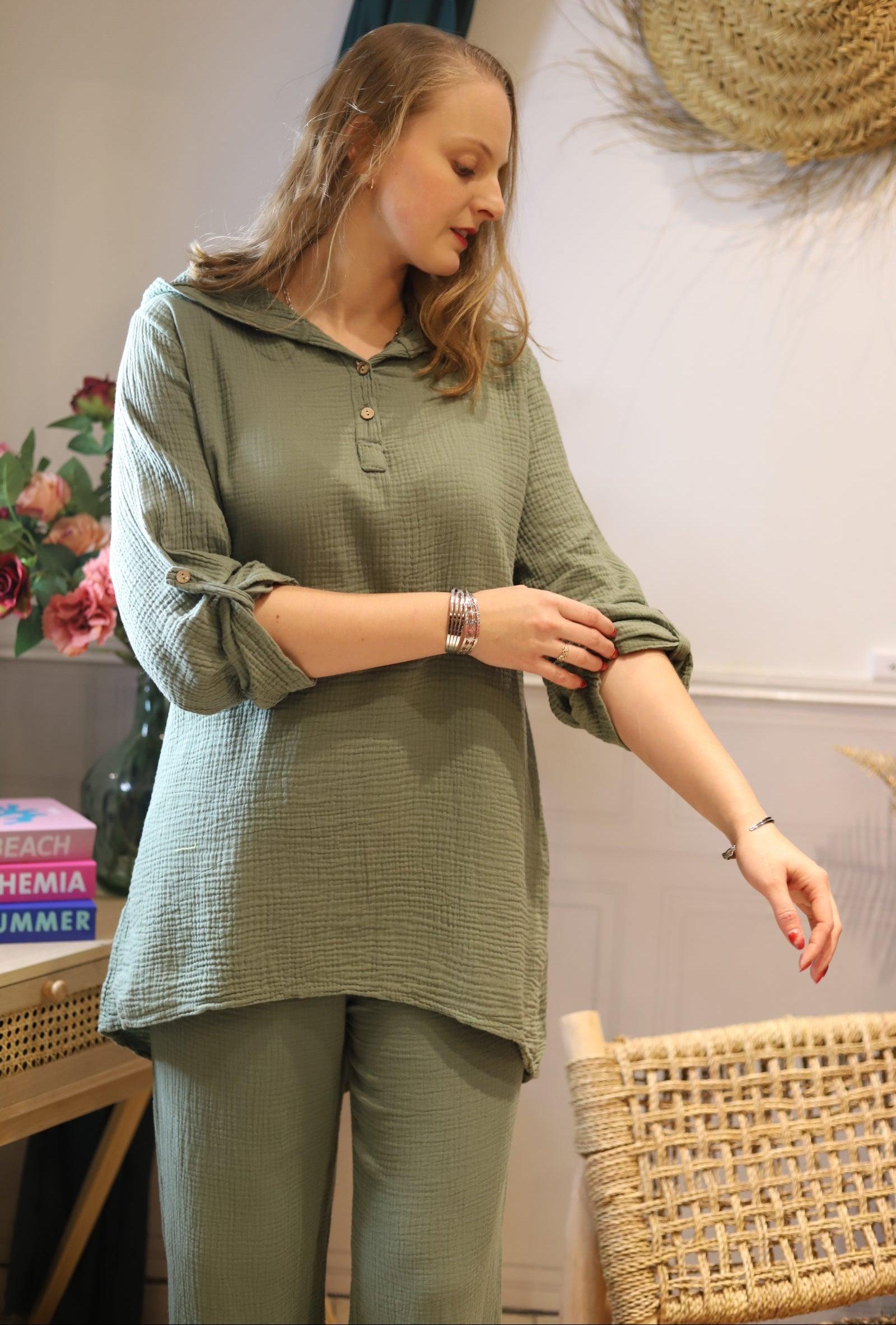 Blouse Oversize en Gaze de Coton kaki - beautifulshop - boutique de vêtements femmes bohème sur Angoulême 