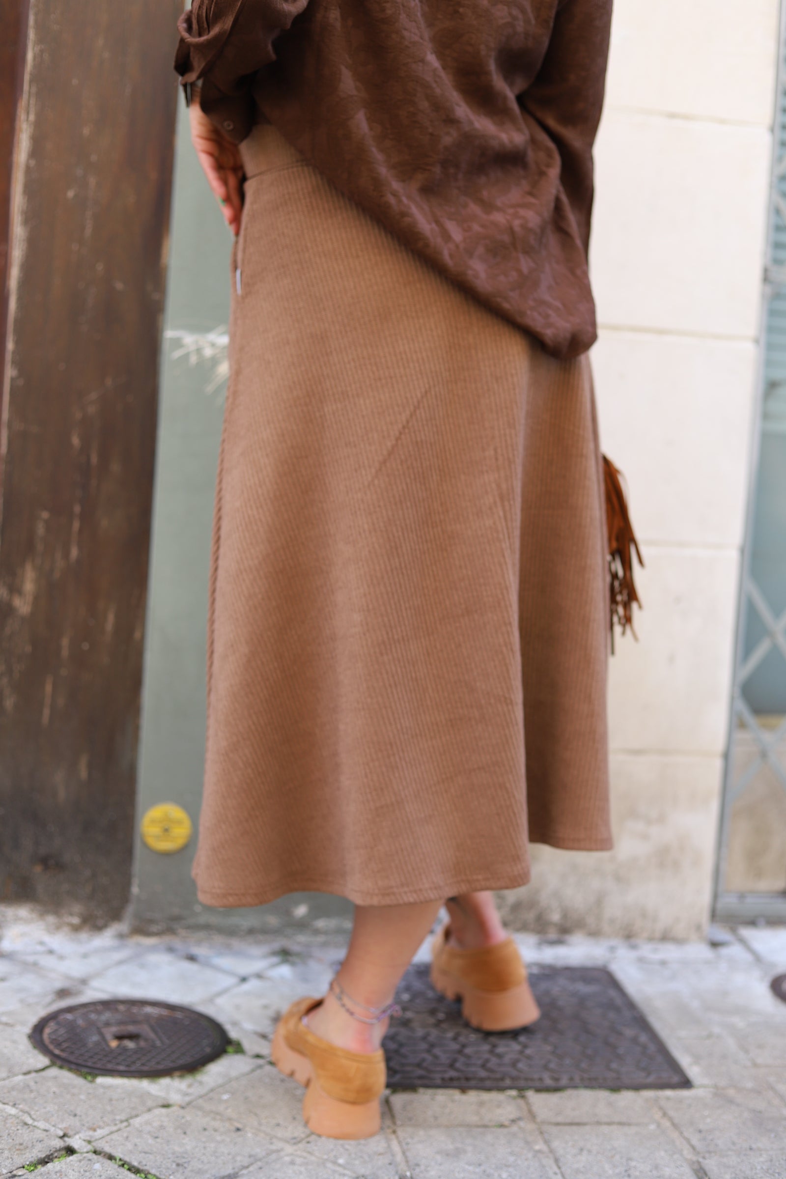 Jupe Midi Trapèze en Velours à Ceinture-beautifulshop