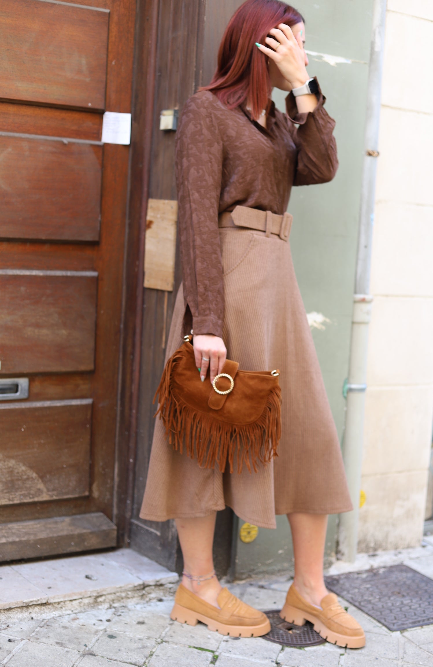 Jupe Midi Trapèze en Velours à Ceinture-beautifulshop