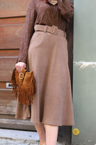 Jupe Midi Trapèze en Velours à Ceinture-beautifulshop