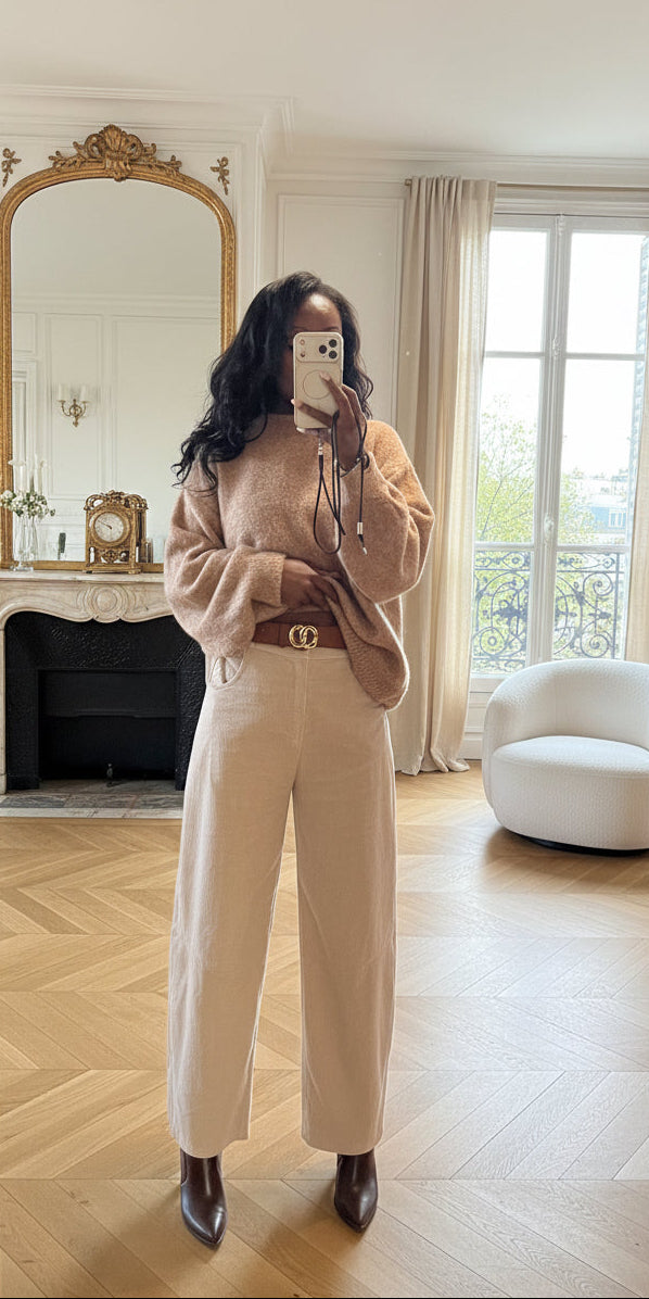 Pantalon Droit en Velours Beige-beautifulshop