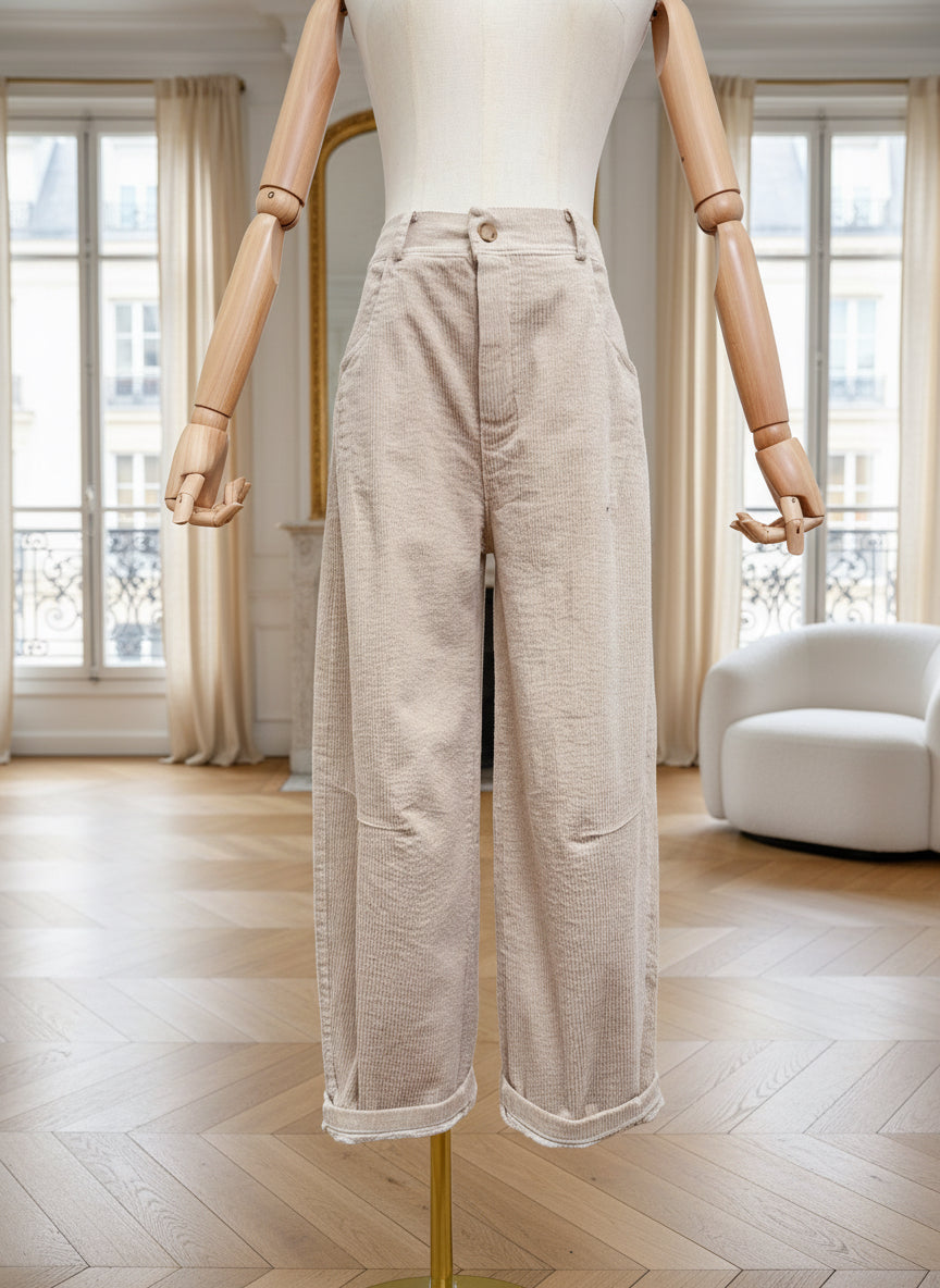 Pantalon Droit en Velours Beige-beautifulshop