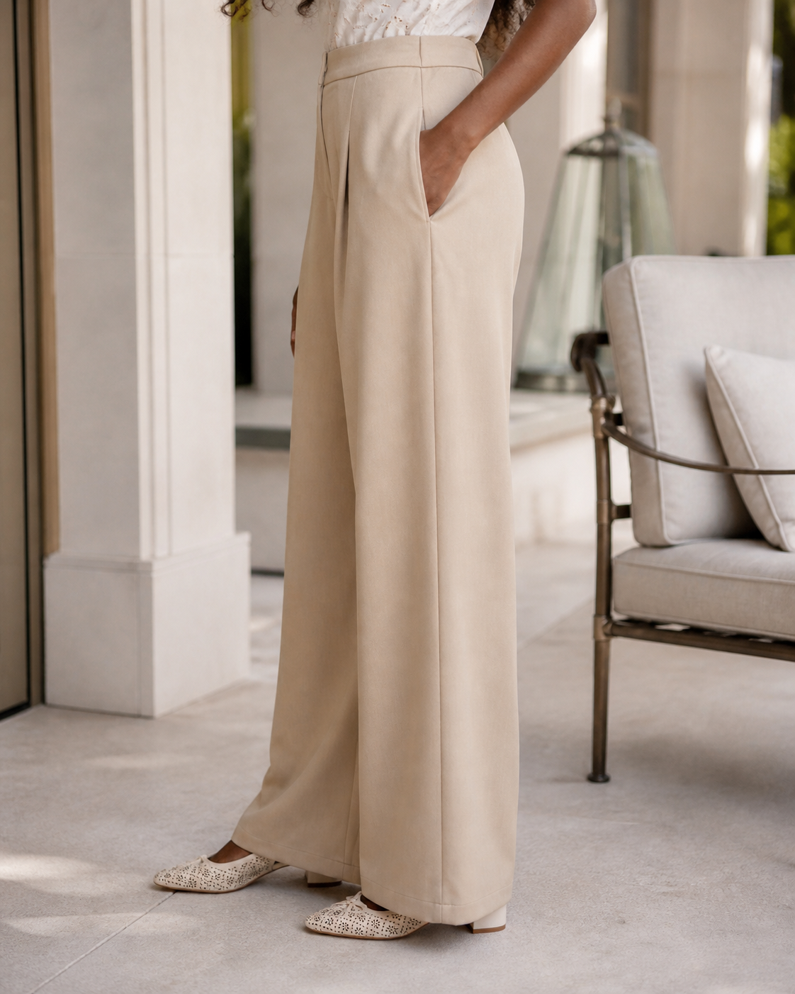     Pantalon tailleur beige femme taille haute coupe loose avec poches