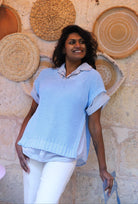 Pull Sans Manches en Maille Coton bleu - beautifulshop