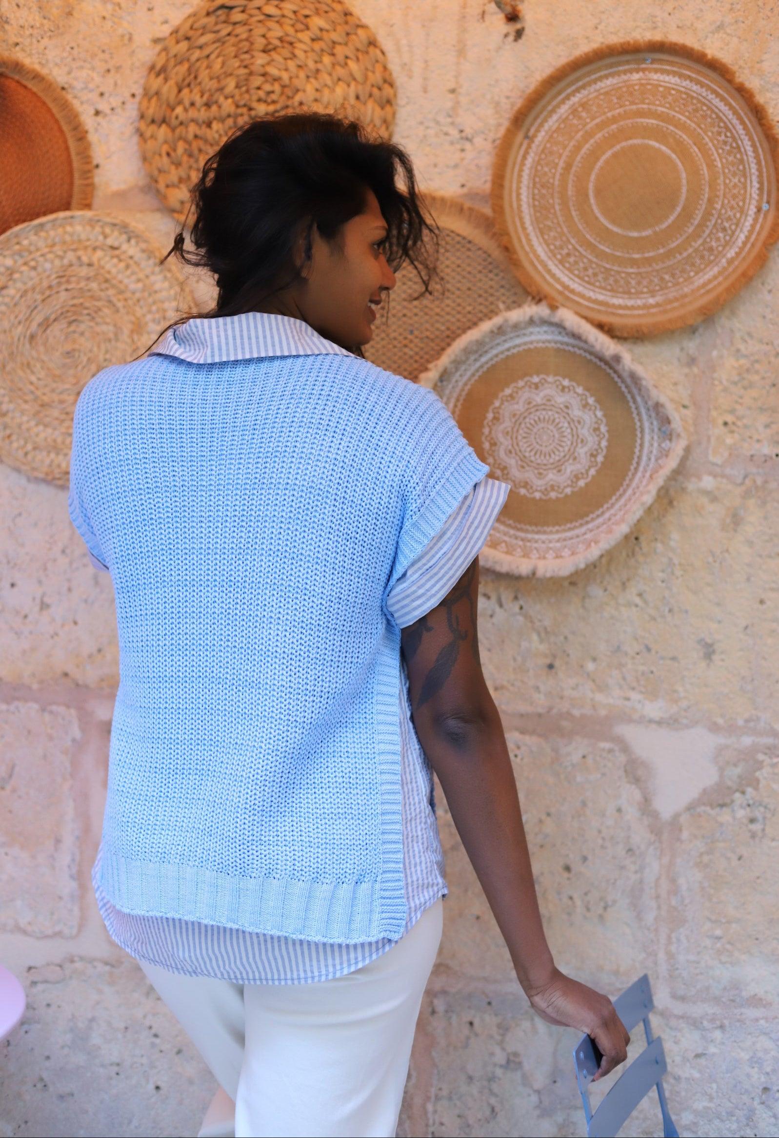 Pull Sans Manches en Maille Coton bleu - beautifulshop