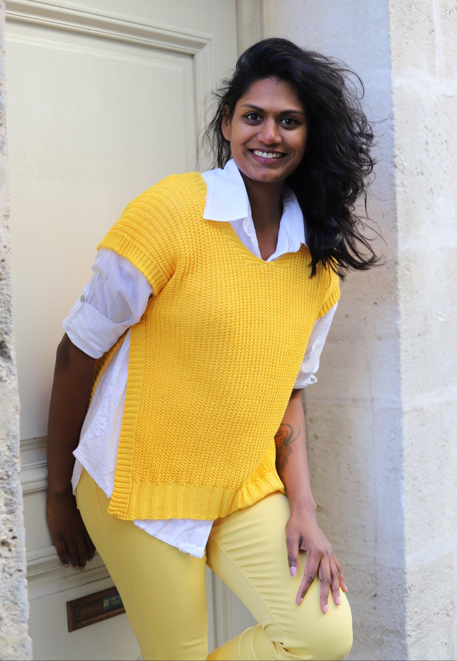 Pull Sans Manches en Maille Coton jaune - beautifulshop - boutique femme sur Angoulême 