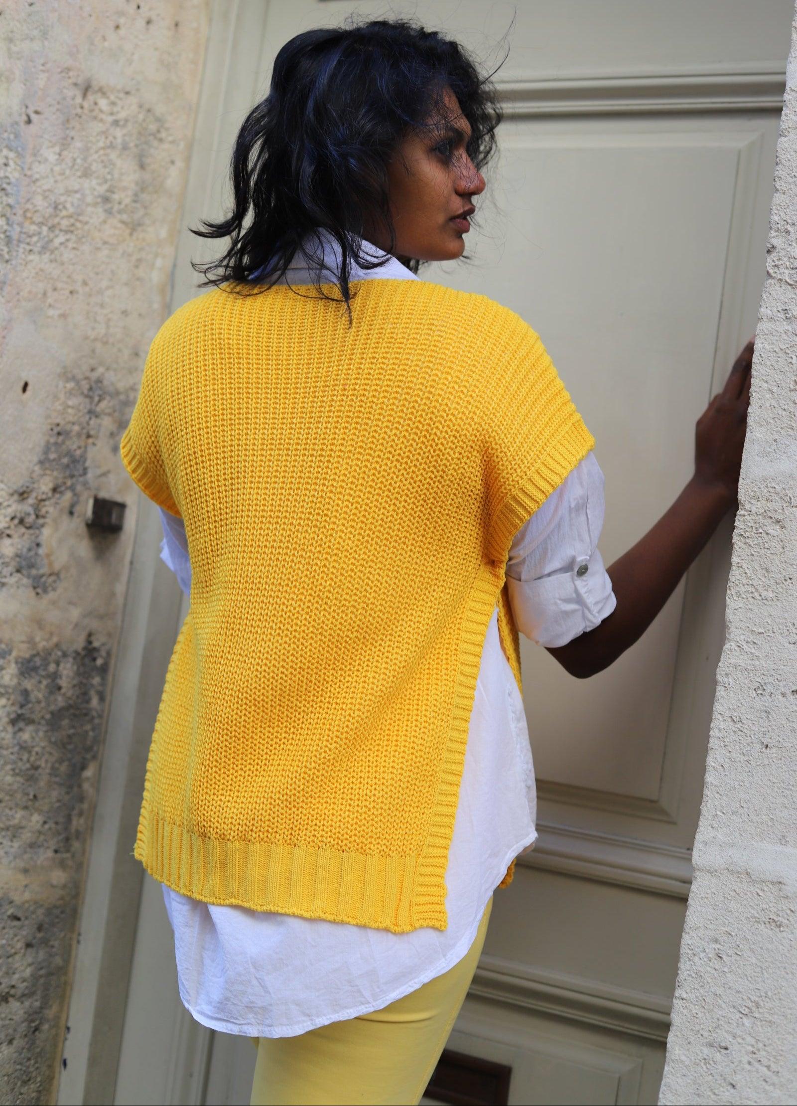 Pull Sans Manches en Maille Coton jaune - beautifulshop - boutique femme sur Angoulême 