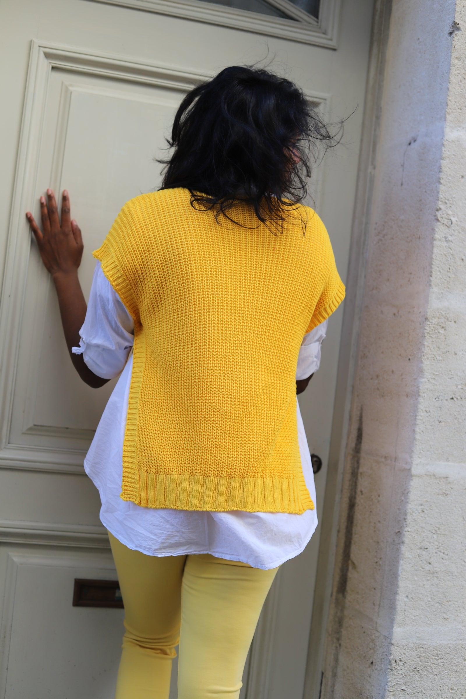 Pull Sans Manches en Maille Coton jaune - beautifulshop - boutique femme sur Angoulême 