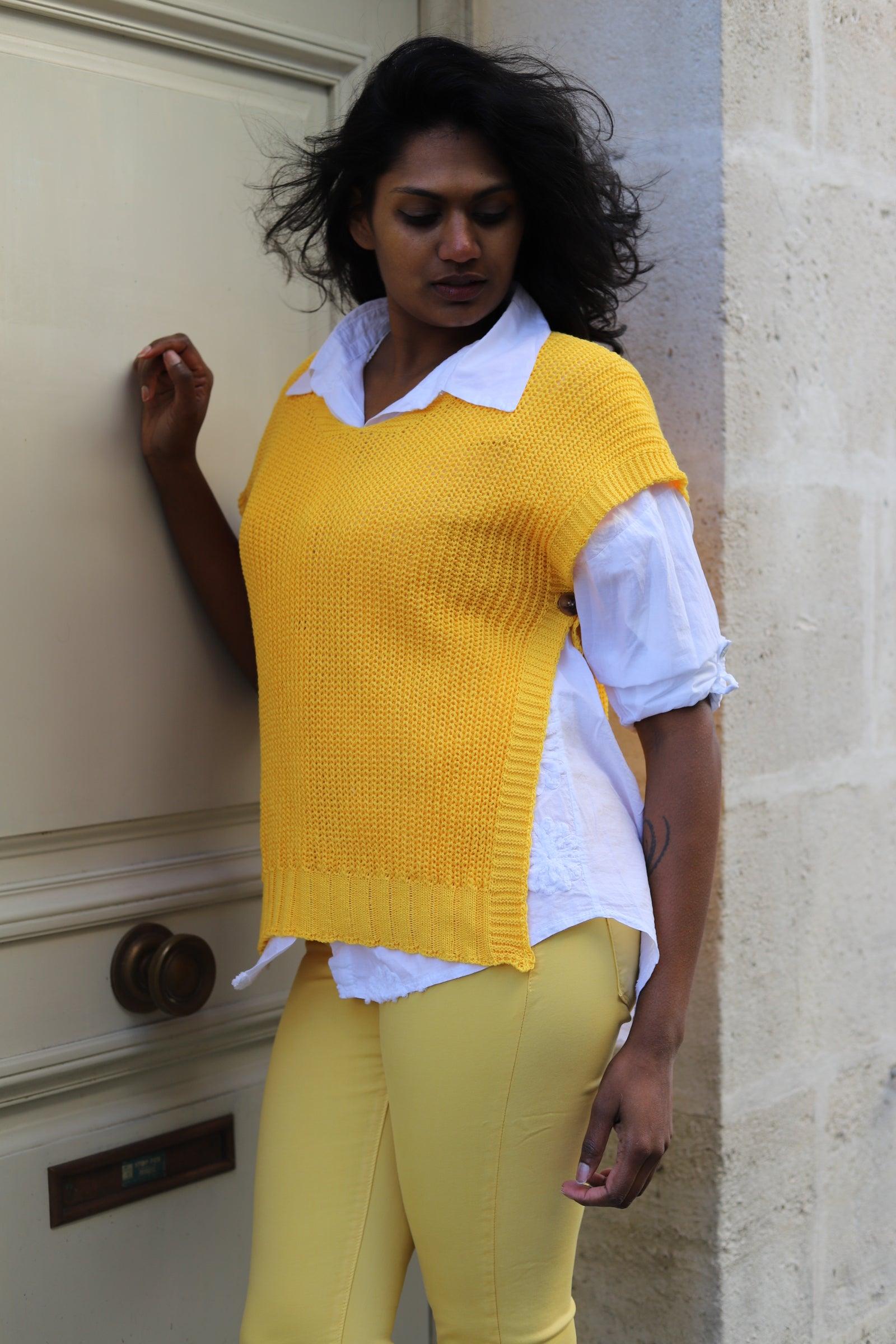 Pull Sans Manches en Maille Coton jaune - beautifulshop - boutique femme sur Angoulême 
