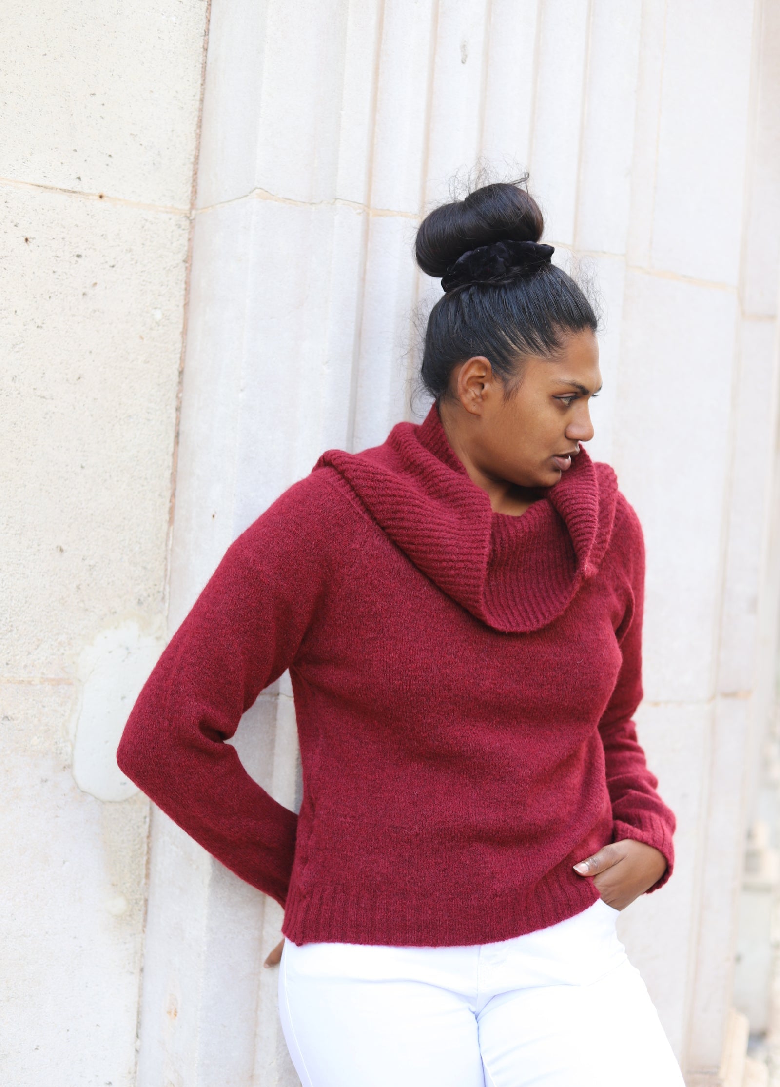 Pull bordeaux col drapé femme – Maille chaude italienne automne hiver _ beautifulshop